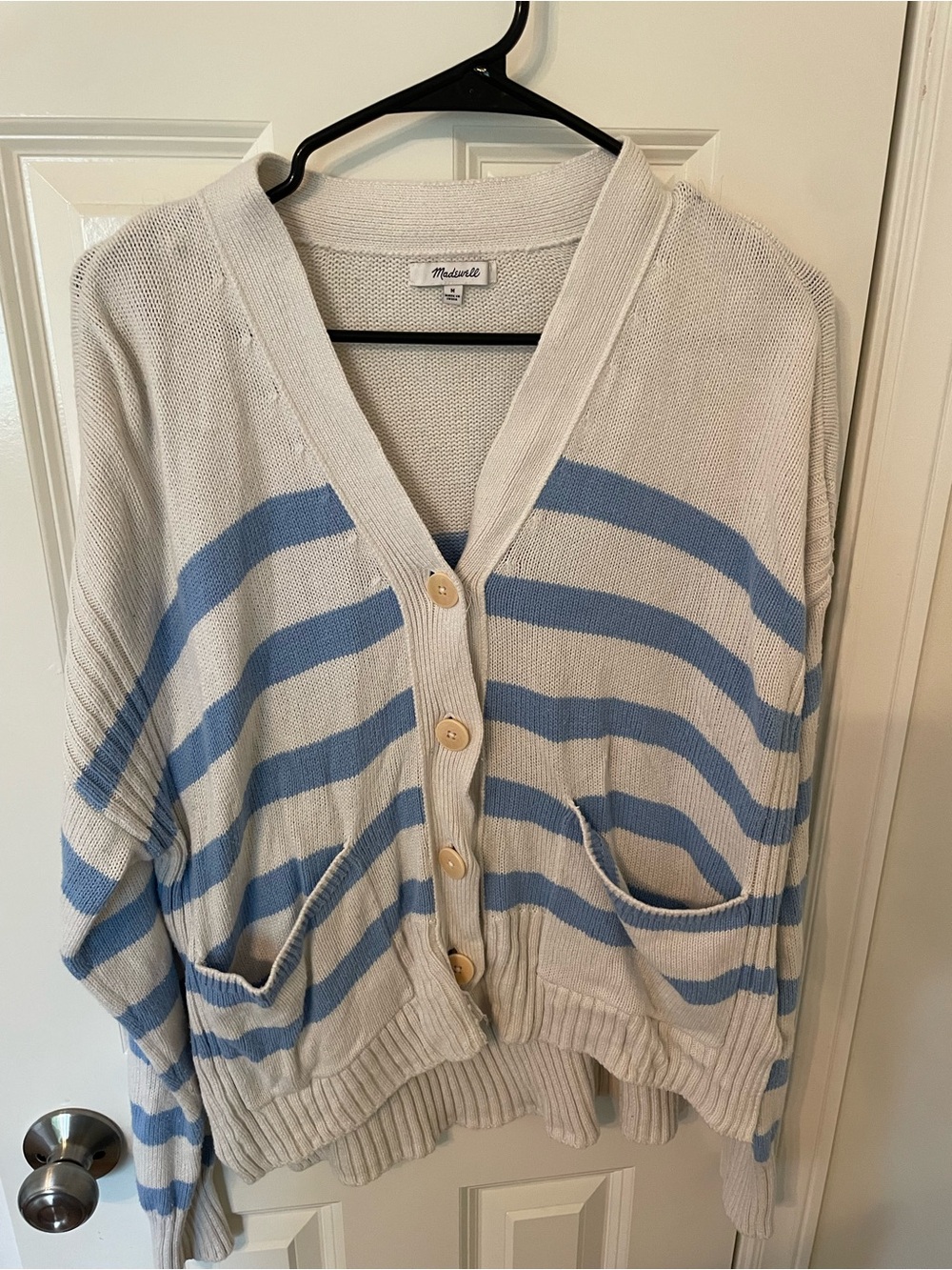 Madewell Cream & Blue Striped V-Neck Button Cardigan Sweater